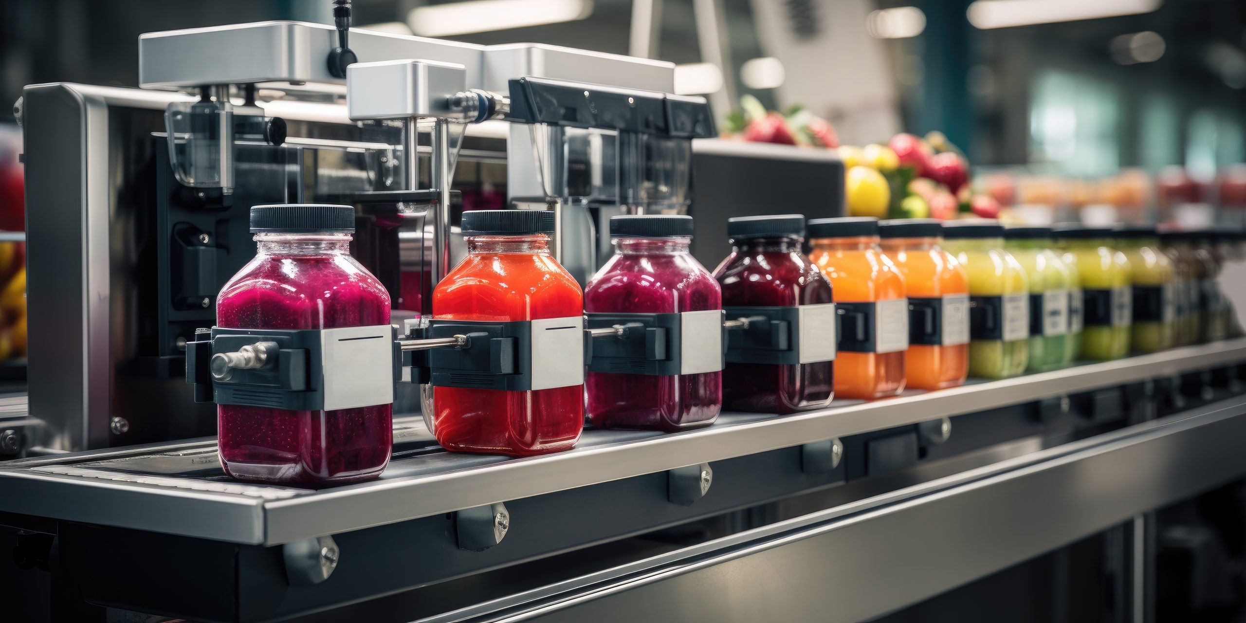 Bottles filled with colorful liquids on a conveyor belt in a production facility.