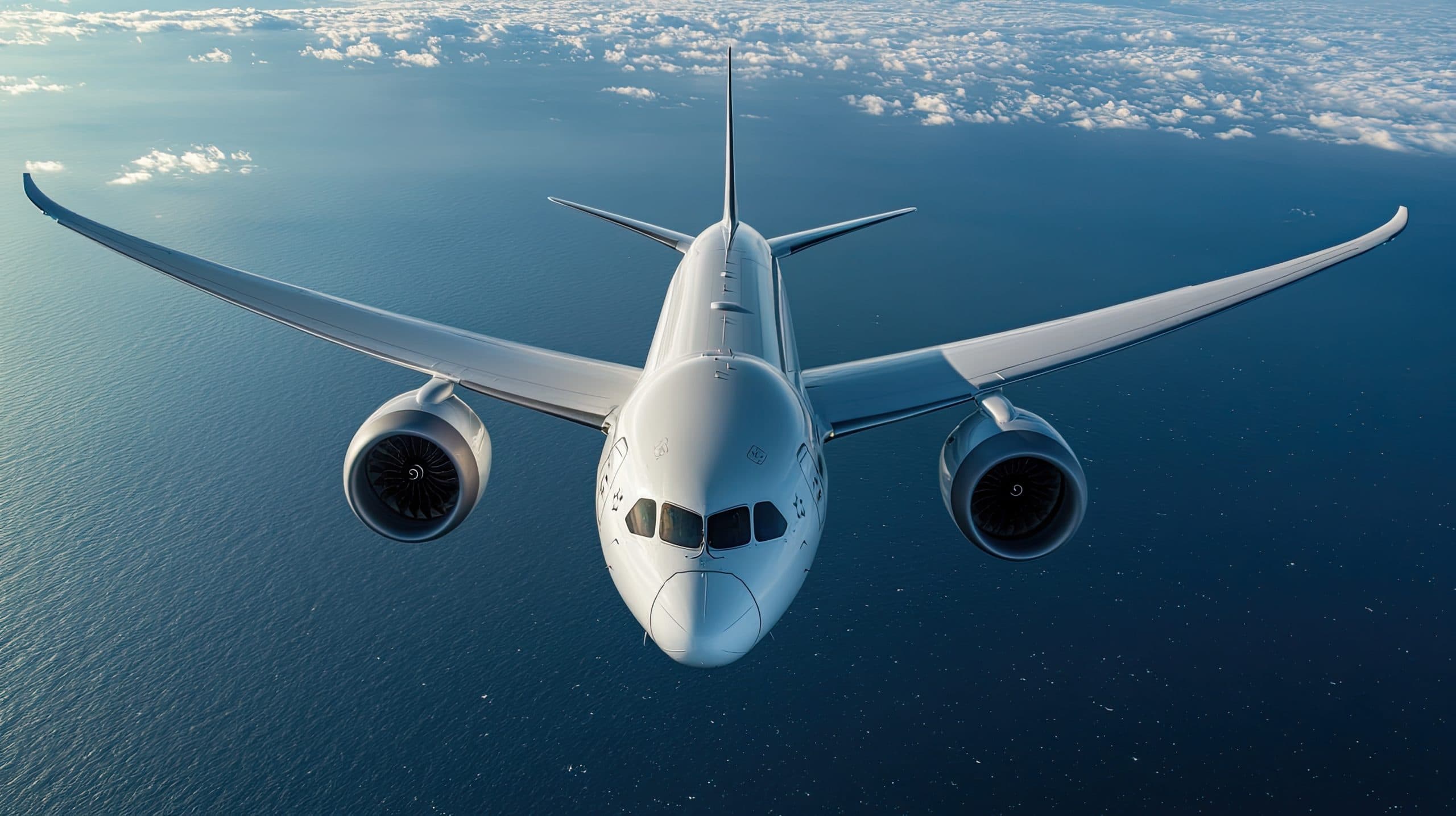A front view of a commercial airplane flying over the ocean with clouds in the background.