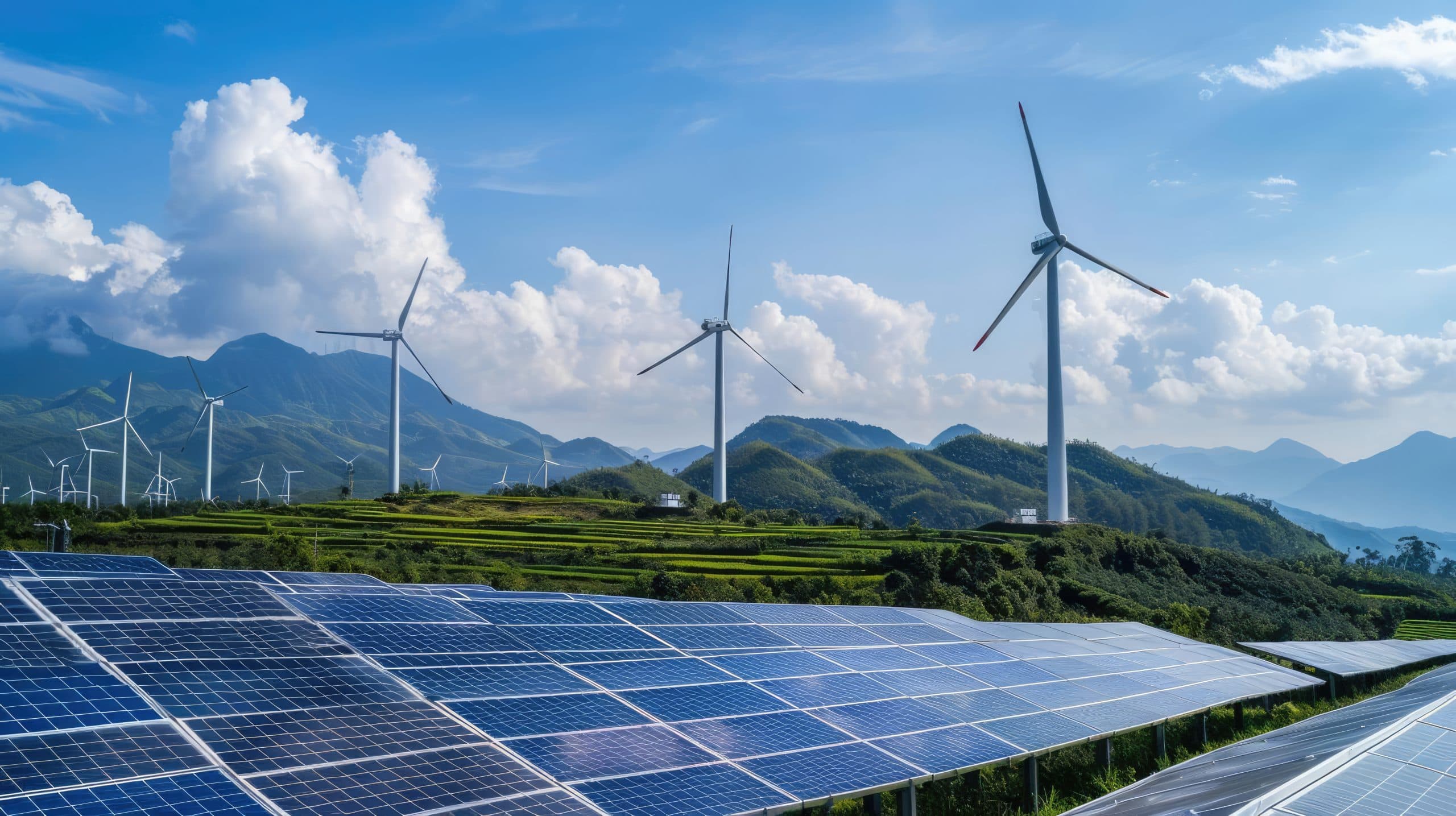 Wind turbines and solar panels in a verdant landscape with mountains and a cloudy blue sky.