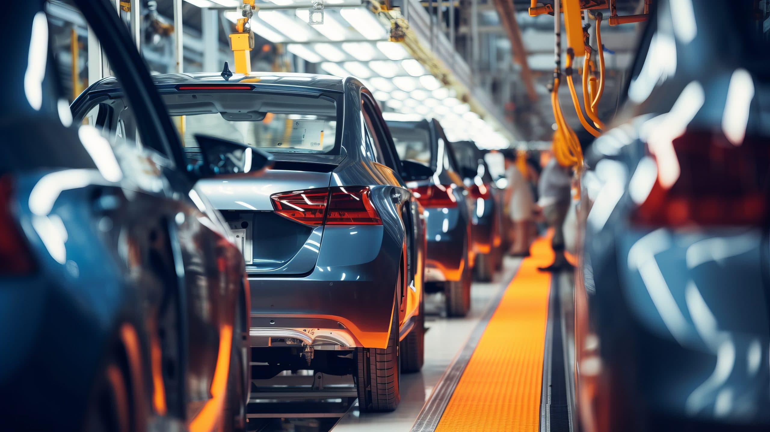 Cars on an automotive production line in a factory setting.